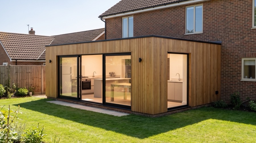 Timber: a Nordu extension on the back of a brick house, its kitchen behind full height glazing.